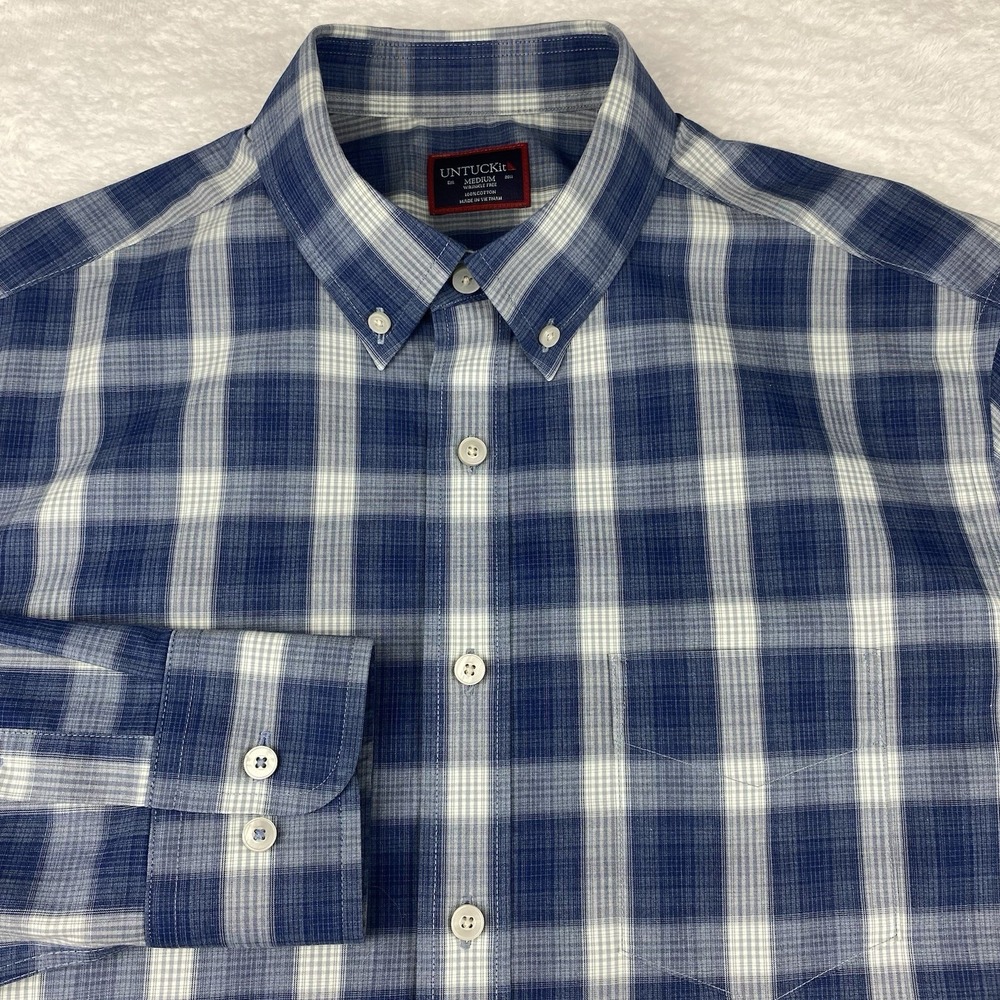 UNTUCKit Dress Shirt Mens Medium Blue/White Plaid Wrinkle Free